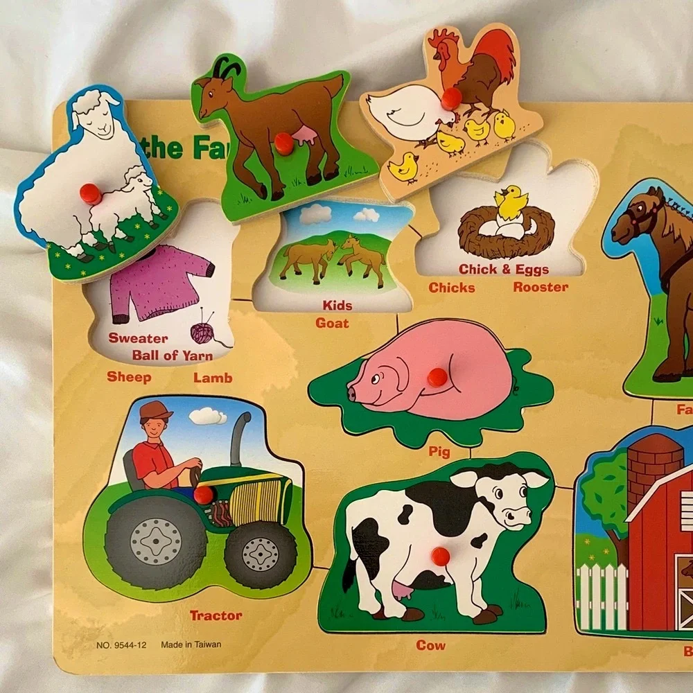 Vintage Kids Farm Animal Barn Educational Chunky Wooden Puzzle